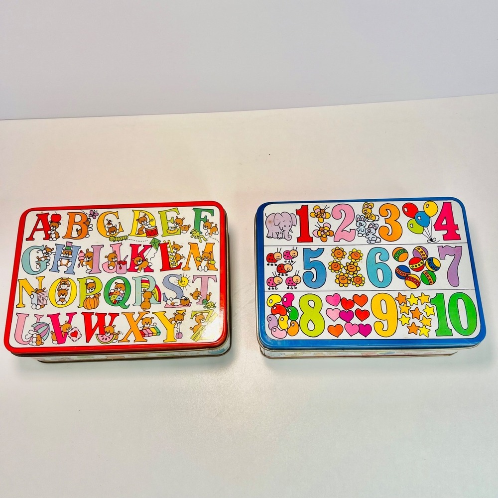 Vintage 80s JSNY Hong Kong Children's Tin Box Alphabet Letter Numbers Magnets